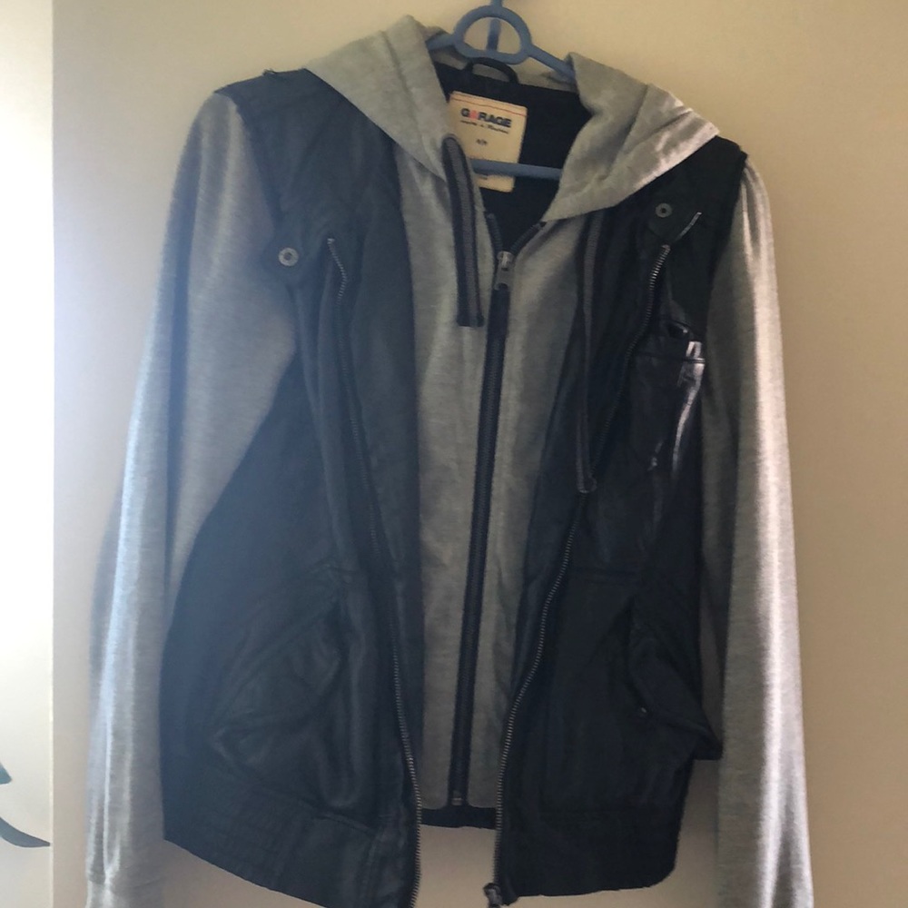Garage Gray Faux Leather Hooded Moto Bomber Jacket M Vegan Streetwear